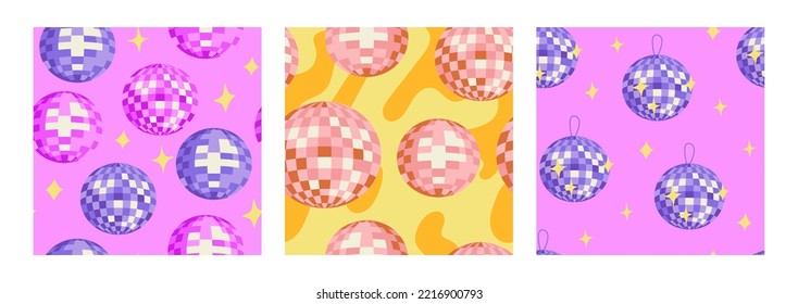 Set of seamless patterns with disco balls. Vector flat backgrounds. Party, celebration, psychedelic, hippie concept.