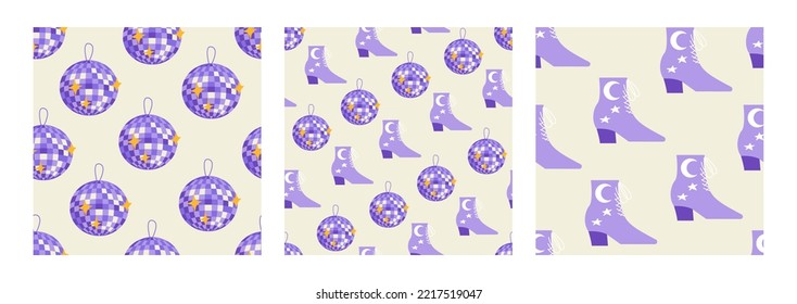 Set of seamless patterns with disco balls and cowboy boots. Vector flat backgrounds. Party, celebration, psychedelic, cowgirl disco concept