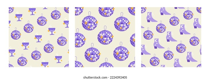 Set of seamless patterns with disco balls, martini glass and cowboy boots. Vector flat backgrounds. Party, celebration, psychedelic, cowgirl disco concept