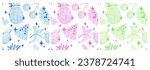 Set of seamless patterns with disco mirror ball fruits in cartoon style on white background. Vector funky illustration.