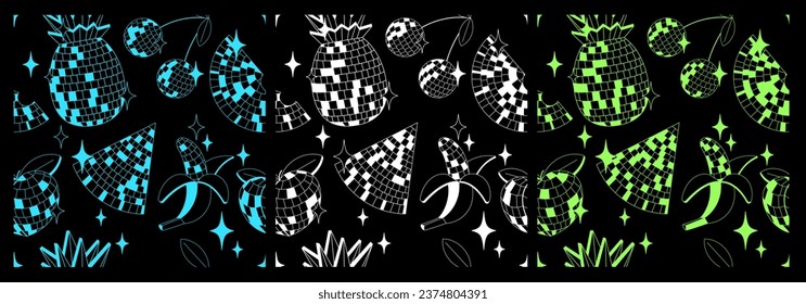 Set of seamless patterns with disco mirror ball fruits in cartoon style on black background. Vector funky illustration.