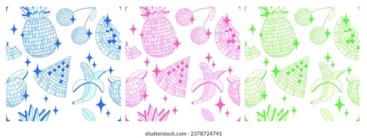 Set of seamless patterns with disco mirror ball fruits in cartoon style on white background. Vector funky illustration.