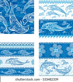 Set of Seamless patterns with dolphins