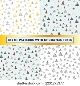 Set of seamless patterns with doodle Christmas trees. Christmas texture for wrapping paper