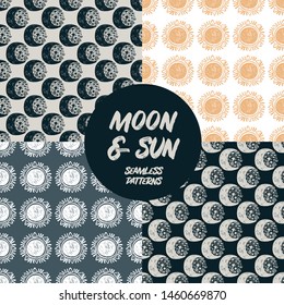 Set of seamless patterns with doodle moons and suns, sketch style vector illustration