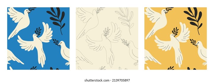 Set of seamless patterns with doves with olive vecta. Colors of the Ukrainian flag. Dove as a symbol of world peace and freedom for Ukraine in wartime.