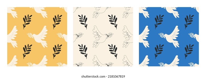 Set of seamless patterns with doves with olive vecta. Colors of the Ukrainian flag. Dove as a symbol of world peace and freedom for Ukraine in wartime.