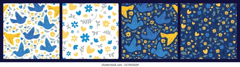 Set of seamless patterns of doves of peace and flowers. Hand-drawn illustrations.