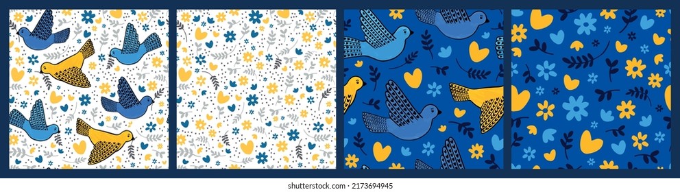 Set of seamless patterns of doves of peace and flowers. Hand-drawn illustrations.