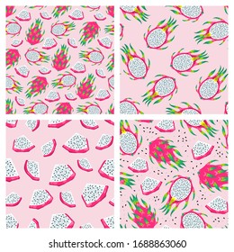 Set of seamless patterns with dragon fruits isolated on light pink backgrounds. Vector Illustrations of the exotic tropical pitayas. Summer wallpapers.