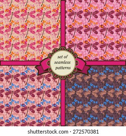 set of seamless patterns with dragonfly in pink colors