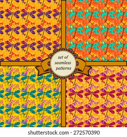 set of seamless patterns with dragonfly in yellow colors