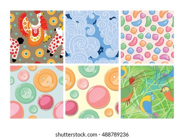 Set of seamless patterns. Dymkovo. Buttons. Candy. Birds. Ice-cream.