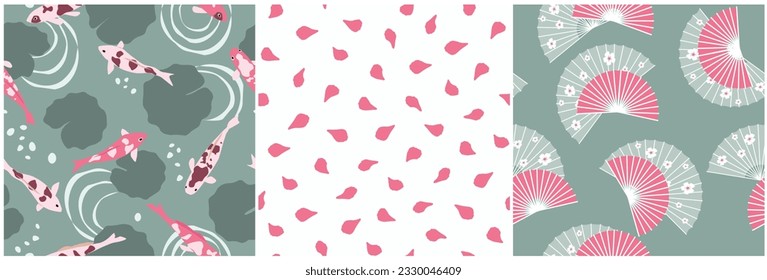 A set of seamless patterns with East Asian ornaments. Fish swims in the lake, a fan with cherry blossoms, petals. Vector graphics.