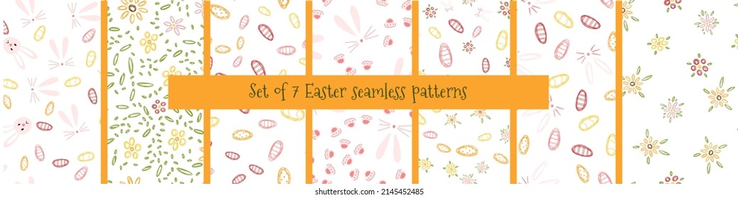 Set of seamless patterns with Easter egg, bunny, flowers in hand drawn cartoon childish style. Colorful vector illustration of spring holiday background