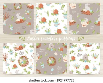 Set of seamless patterns with Easter eggs and bunnies. Vector illustration for wrapping paper and scrapbooking