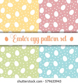 Set of seamless patterns with Easter eggs and dots. One color backgrounds for wrapping paper, cards and scrapbooking. Nice pastel colors: pink, green, blue, yellow. Vector illustration.