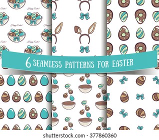 Set of seamless patterns for Easter. Patterns made from hand drawn colorful eggs, bowls, bows and ears of rabbit on white background.