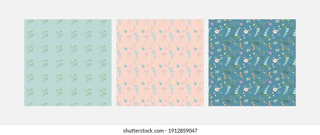 Set of seamless patterns with elegant flowers and leaves. For print, textile, wrapping paper