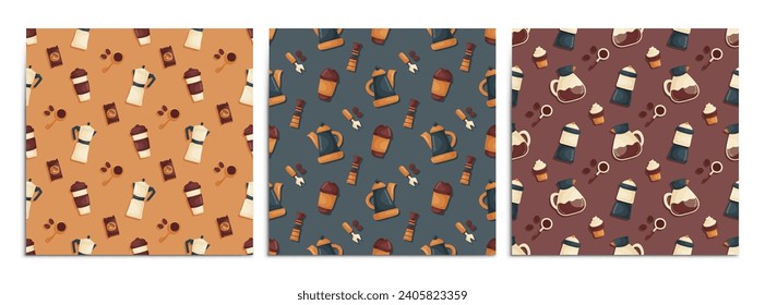 A set of seamless patterns with elements on the theme of brewing coffee. Teapots, coffee makers, desserts, coffee beans and barista tools. Vector Cartoon style.