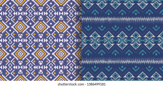 Set of seamless patterns with embroidery. Ikat Fabric. Ethnic design for clothing, carpet, wallpaper, etc.