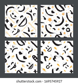Set of seamless patterns with emoticons, emoji, kaomoji. Modern wallpapers with graffiti elements for the textile industry, prints, cards and wrapping paper. Excellent templates for your design.