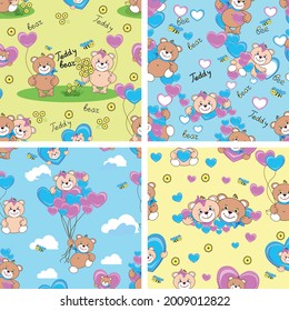 Set of seamless patterns with enamored tedy bear. Children's wallpaper with a teddy boy and a teddy bear girl. Fairy tale vector background with cubs in hearts.