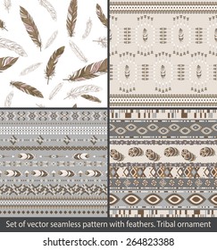 Set of seamless patterns. Ethnic Indian. illustration with feathers and other tribal elements. Abstract style. Soft colors: white, beige, milky, coffee.