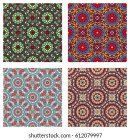 Set of Seamless Patterns With Ethnic Ornament. Abstract Background For Design. Kaleidoscope, Yoga, India Symbols.
