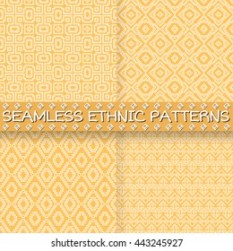 Set of seamless patterns in ethnic style. Pastel colored abstract backgrounds with tribal aztec motives. Summer fashion. Boho design.