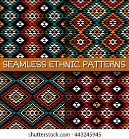 Set of seamless patterns in ethnic style. Bright colored abstract backgrounds with tribal aztec motives. Summer fashion. Boho design.