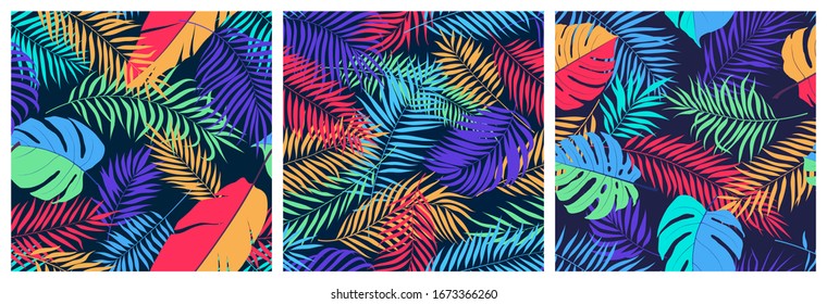 Set of seamless patterns with exotic colorful leaves of monstera, banana tree and palm branches, bright trendy vector tropical backgrounds