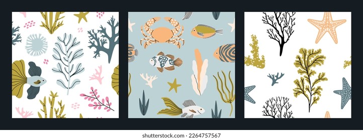 Set with seamless patterns with exotic fish and animals, corals, plants. Underwater and sea life concept. Hand draw vector illustrations isolated on black background. Cute design in pastel colors.