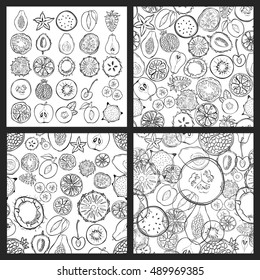 Set of seamless patterns with exotic fresh fruits. Eco healthy food and products.