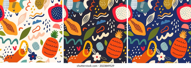 Set of seamless patterns with exotic fruits and abstract elements. Abstract hand drawn seamless colorful patterns