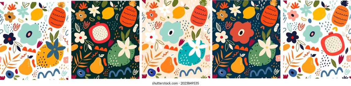 Set of seamless patterns with exotic fruits and abstract elements. Abstract hand drawn seamless colorful patterns