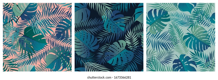 Set of seamless patterns with exotic green monstera leaves and palm branches, summer tropical backgrounds