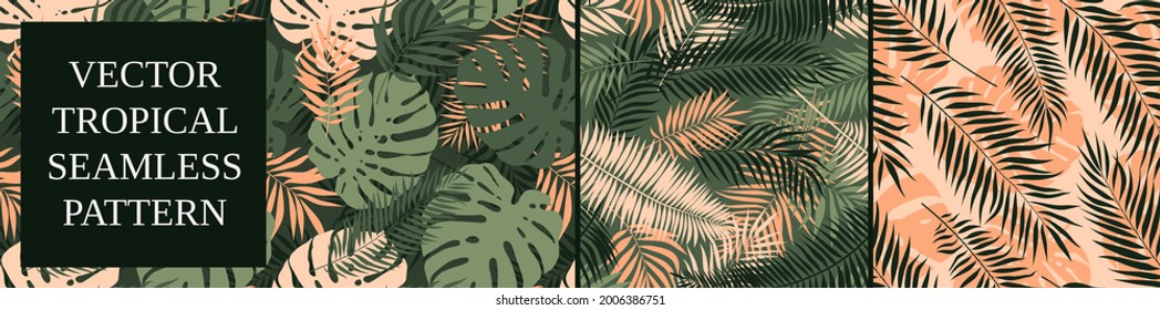 Set of seamless patterns with exotic green monstera leaves and palm branches, summer tropical vector backgrounds