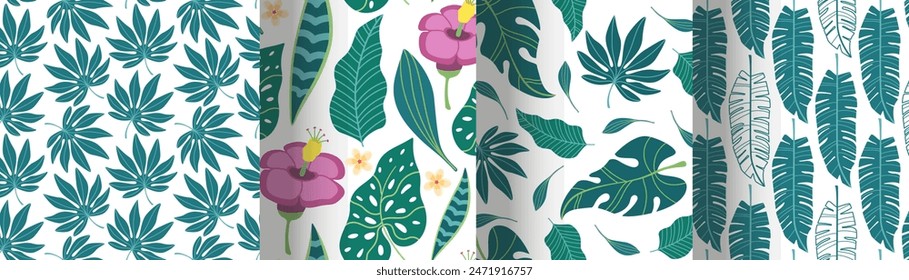 Set seamless patterns with exotic leaves and exotic flowers in flat design. Summer pattern with tropical leaves for fabric and wallpaper. Vector illustration.
