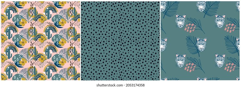 Set seamless patterns with exotic plants, tiger and modern textures. Cute collection of vector illustrations. Jungle and abstract prints for textiles, wrapping paper, fabric, wallpaper.

