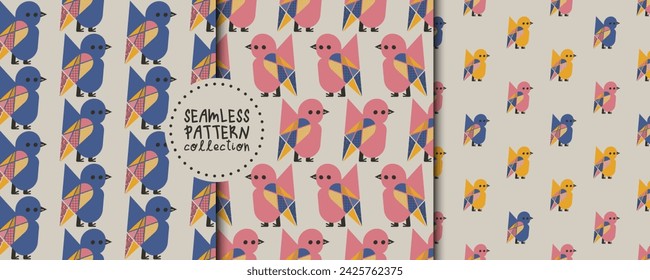 Conjunto con patrones sin fisuras con aves tropicales exóticas en estilo simple. Gráficos vectoriales geométricos, diseños, fondos, impresiones