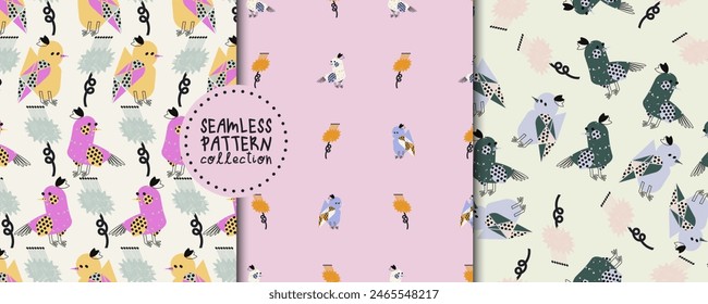 Conjunto con patrones sin fisuras con exóticos pájaros tropicales y flores en estilo simple. Lindos diseños de Vector, fondos, impresiones