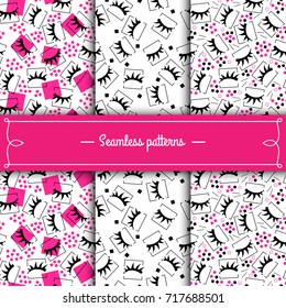Set of seamless patterns with eyelashes. The element of the corporate style of salon eyelash extensions. Vector template packaging design beauty products