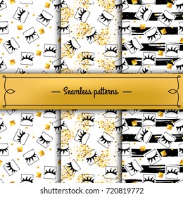 Set of seamless patterns with eyelashes. The element of the corporate style of salon eyelash extensions. Templates of festive packaging for Christmas and New Year gifts