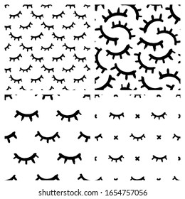 Set of seamless patterns with eyelashes isolated on white backgrounds. Cute lashes vector wallpapers.	