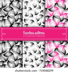 Set of seamless patterns with eyelashes, stylized butterflies