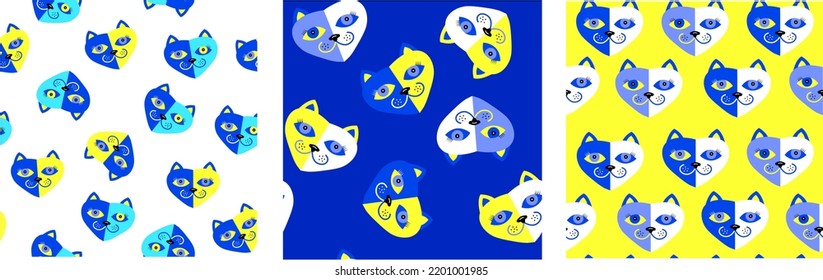 A set of seamless patterns with the face of the cat yellow, blue, white colors. Abstract artwork for textile, fabric and other using. 