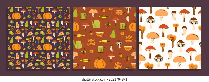 Set of seamless patterns for fall season. Autumn cozy set with pumpkin, leaves and mushrooms. Vector illustration. Colorful season collection