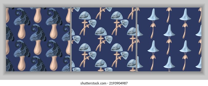 Conjunto de patrones impecables de fantásticas setas a la luz de la luna. Las setas mágicas nocturnas. Un patrón con taburetes azules brillantes y agaricas de mosca.
