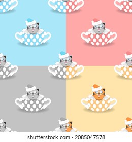 Set of seamless patterns. A fat cartoon funny cute cat in a hat from a porcelain cup is looking out